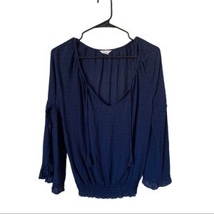 Navy Blue Dot Pattern L/S Blouse with 3/4 Sleeves